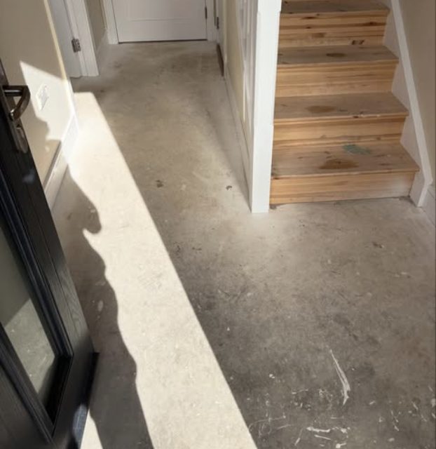 Hallway before renovation: bare stairs and concrete floor